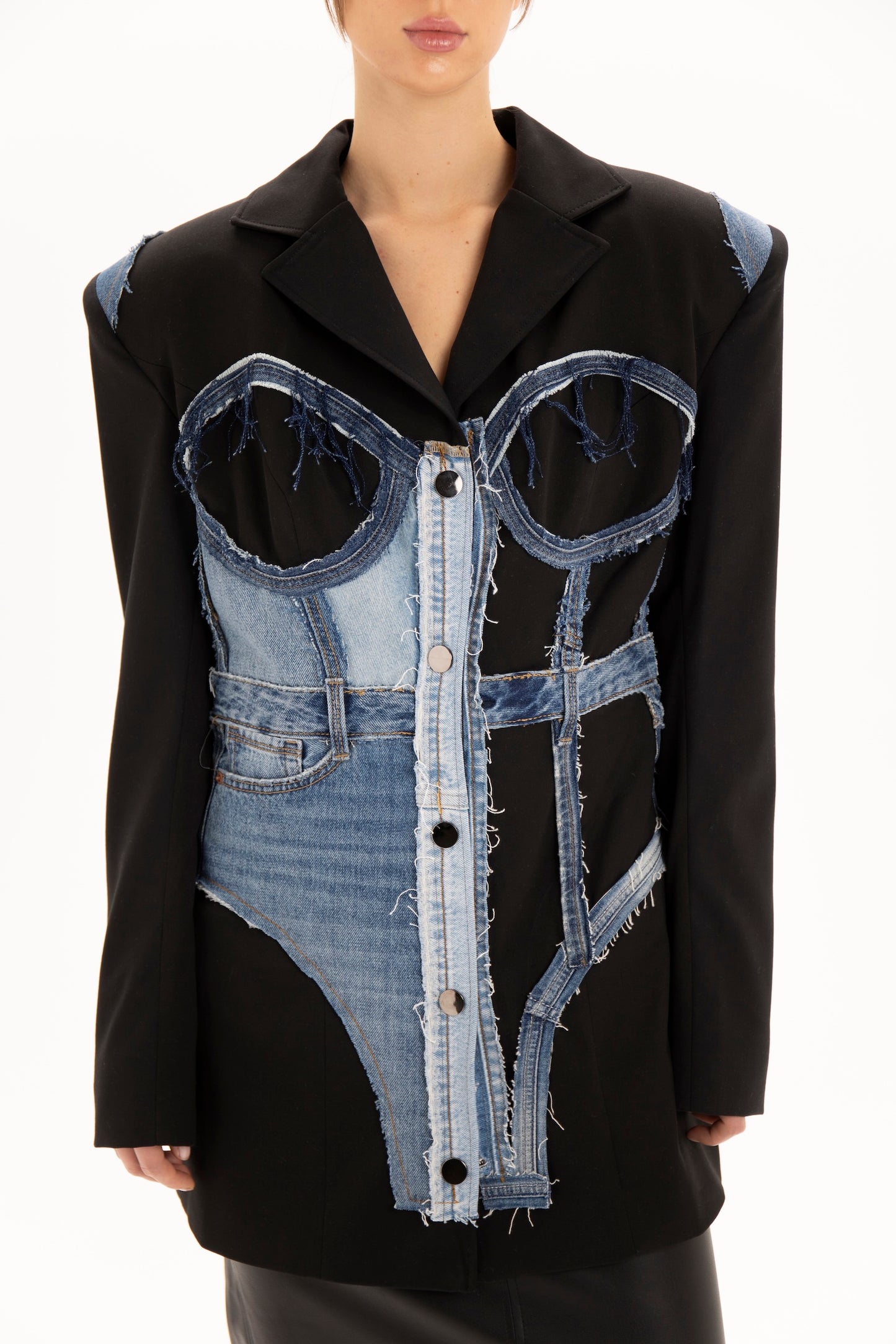 Upcycled denim corset blazer
