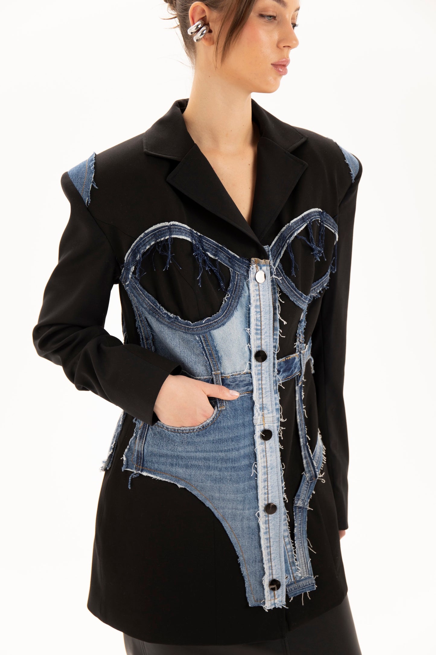 Upcycled denim corset blazer