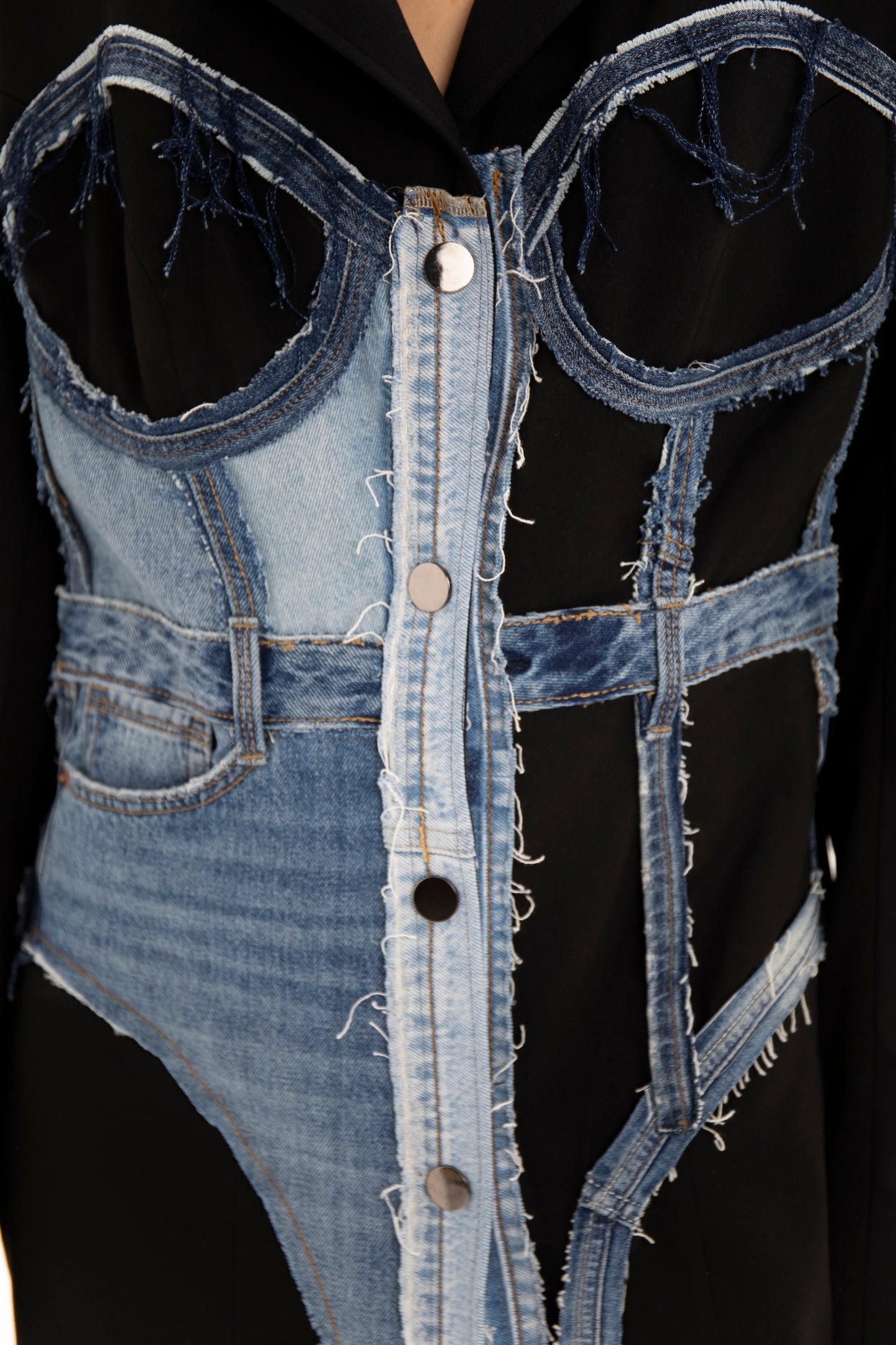 Upcycled denim corset blazer
